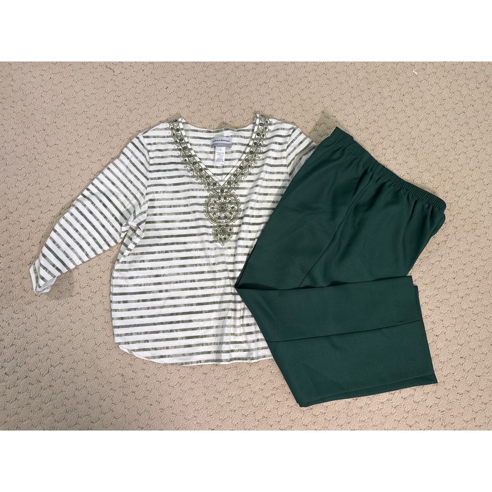 Alfred Dunner Pet.Green White Striped Beaded Top & Elastic Waist Pants Set Sz 12